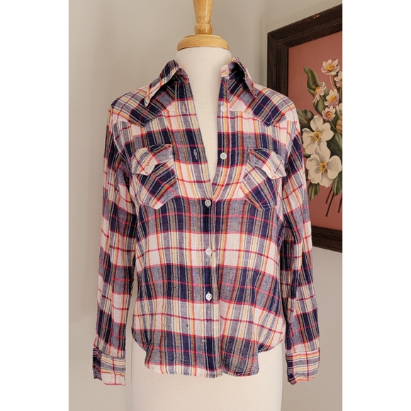 70s Plaid Cotton Gauze Long Sleeve 1970s Vintage Button Down India Cotton Blouse - Picture 3 of 15